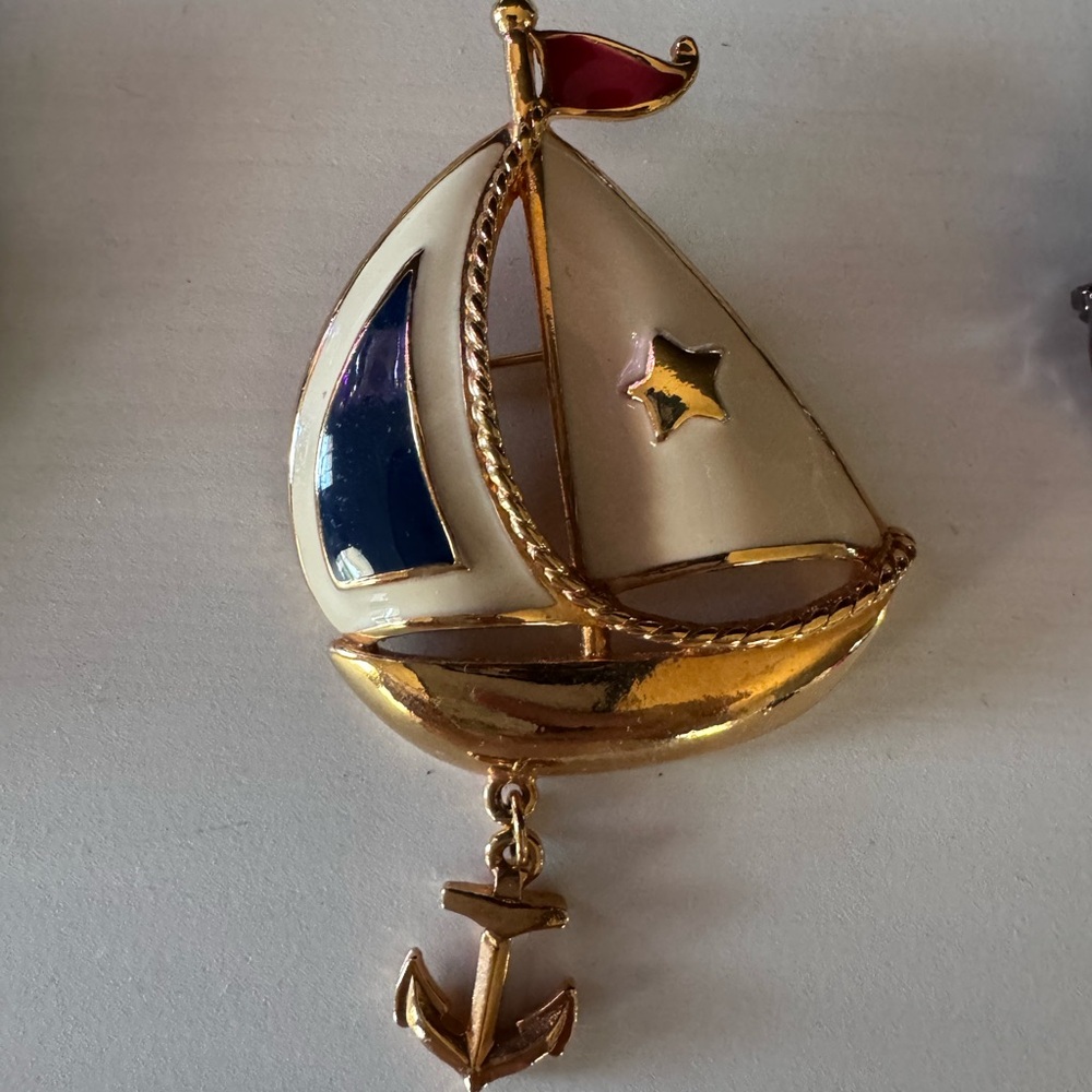 Gold and Blue Sailboat Brooch